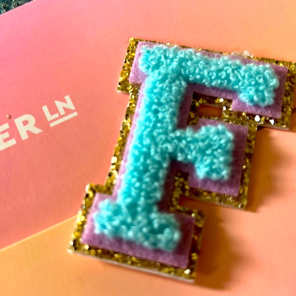 Stoney Clover Lane blue chenille, lavender, gold initial F adhesive letter patch